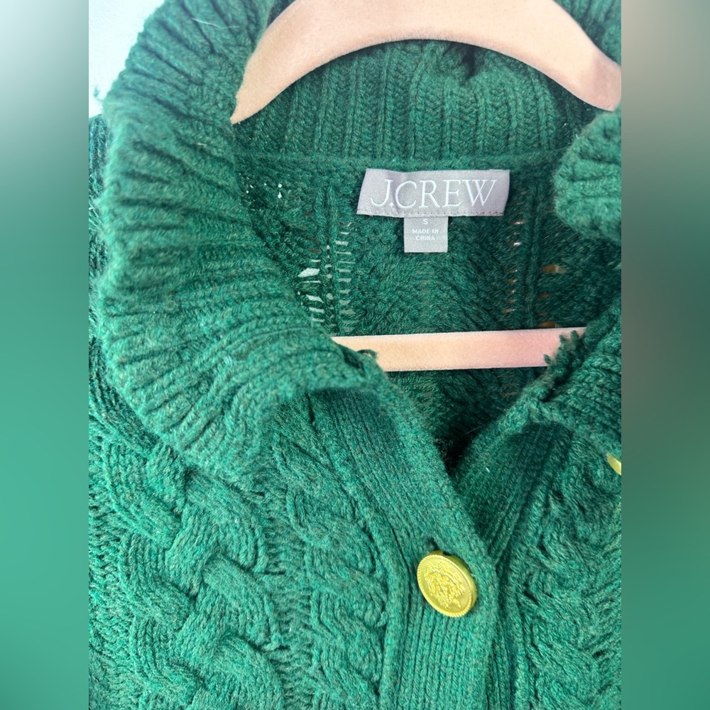 J.Crew Cable-knit Ruffleneck Cardigan Sweater Green sz S - Picture 4 of 8